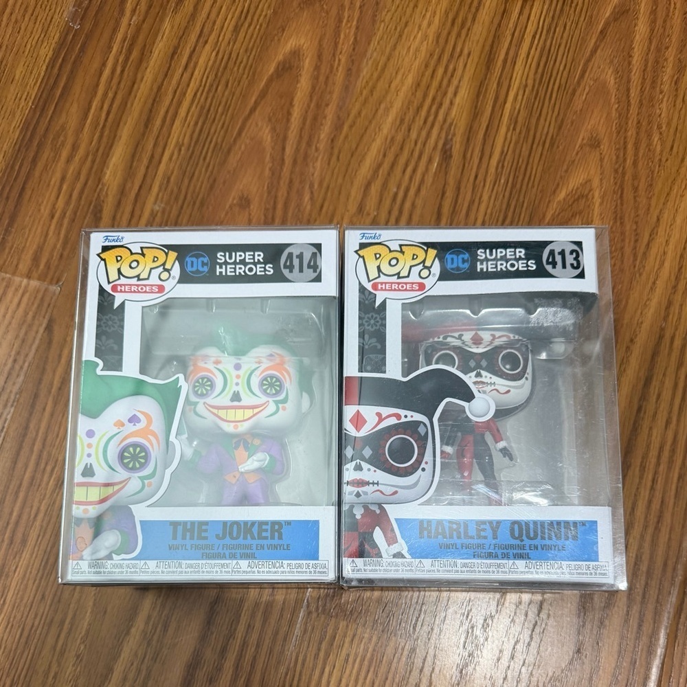 NEW Funko Pop DC Super Heroes Dia De Los Muertos Joker #414 & Harley Quinn #413